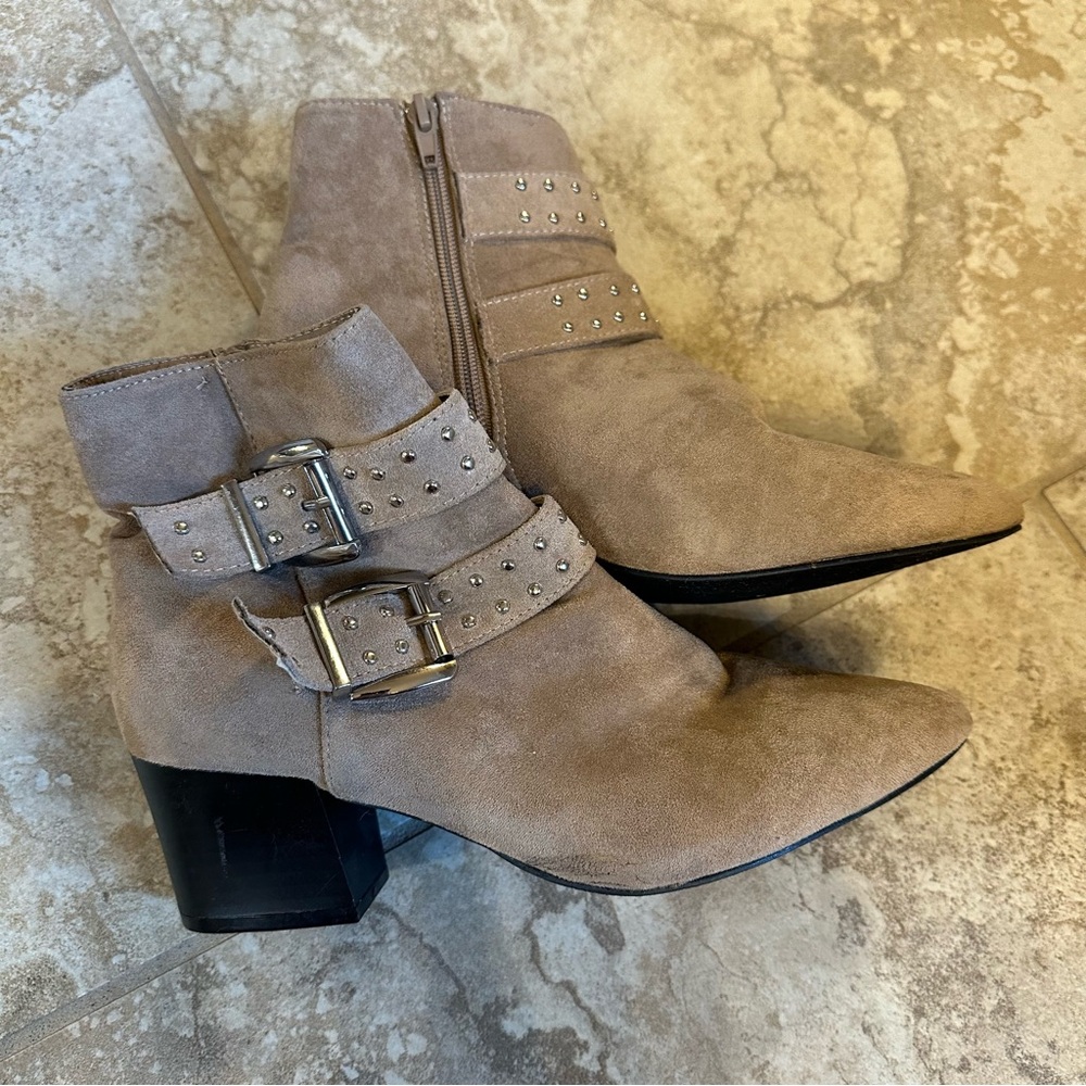 Tan buckle booties